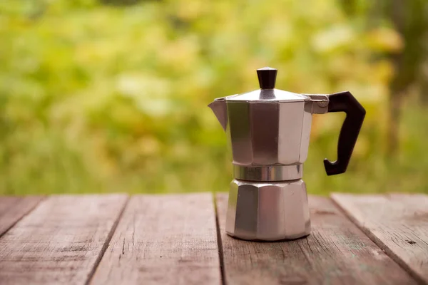 Geyser Coffee Maker Stands Wooden Board Green Blurred Background Copy — Stock Photo, Image