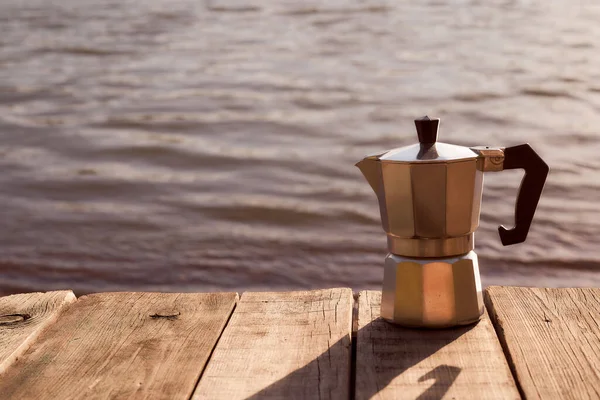 Geyser Coffee Maker Stands Wooden Board Green Blurred Background Copy — Stock Photo, Image