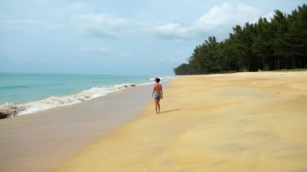 Piękna kobieta spaceru wzdłuż wybrzeża, dziewczyny nogi w wodzie pianki, tropikalne morze. Spokojny dzień nad morzem, stylowy strój kąpielowy — Wideo stockowe