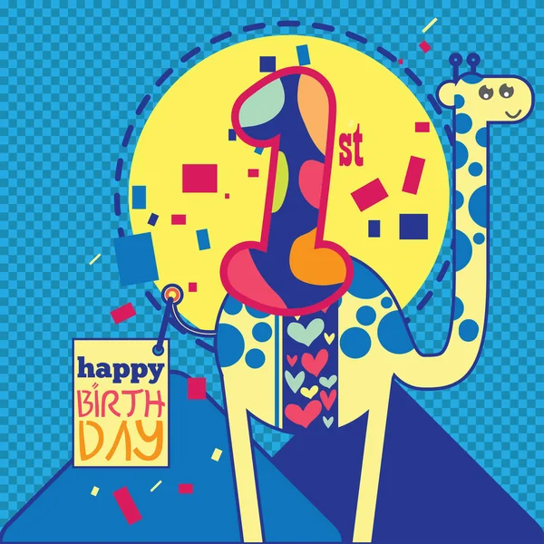 Happy Birthday 1St Greeting Card Giraffe — Stock Vector
