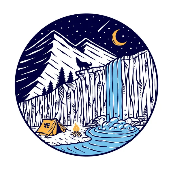 Camping Cerca Una Ilustración Vector Cascada — Vector de stock