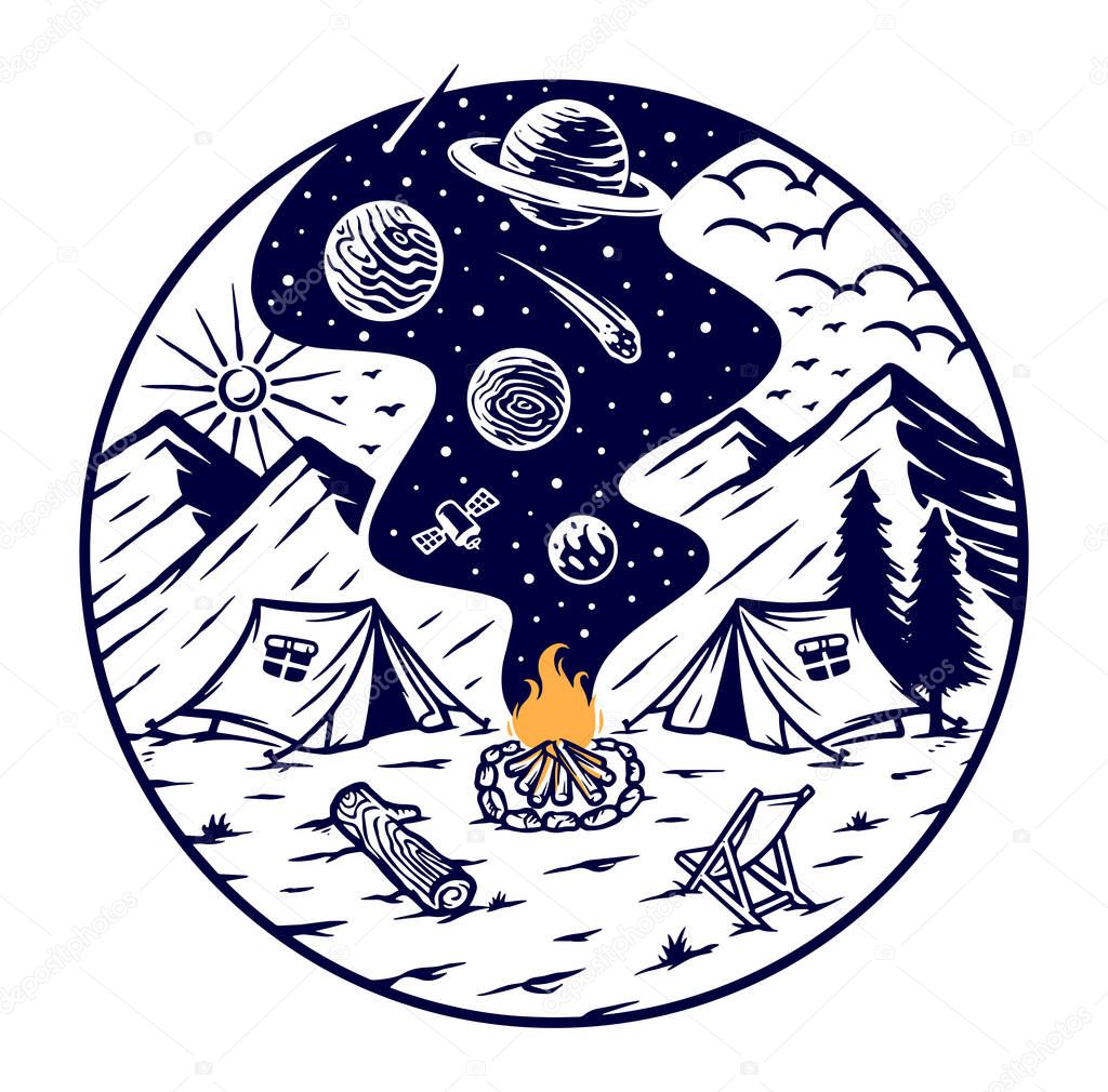Camping with the fire of the universe vector illustration