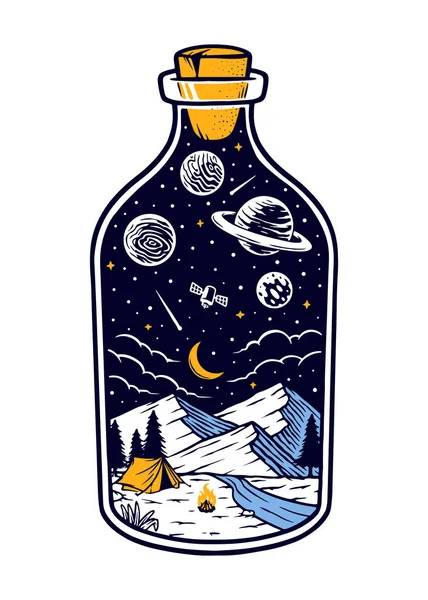 夜间用瓶子标识模板对高山进行抽象 — 图库矢量图片