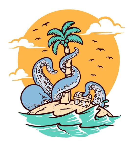 Octopus Island Vector Illustration — Stock Vector