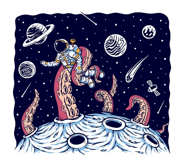 Monstruos Espaciales Atacan Astronauta Vector Ilustración — Archivo Imágenes Vectoriales