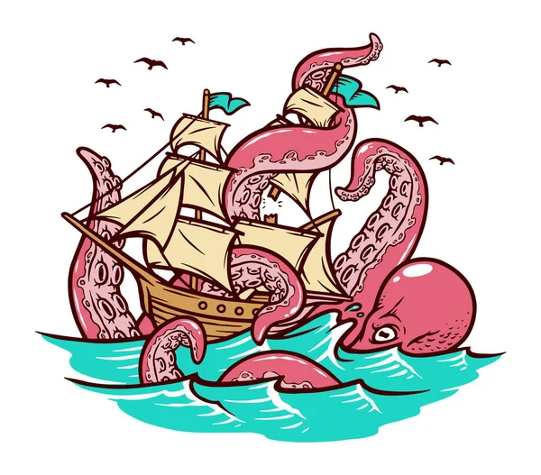 Octopus Valt Vector Illustratie Van Het Zeilschip Aan — Stockvector
