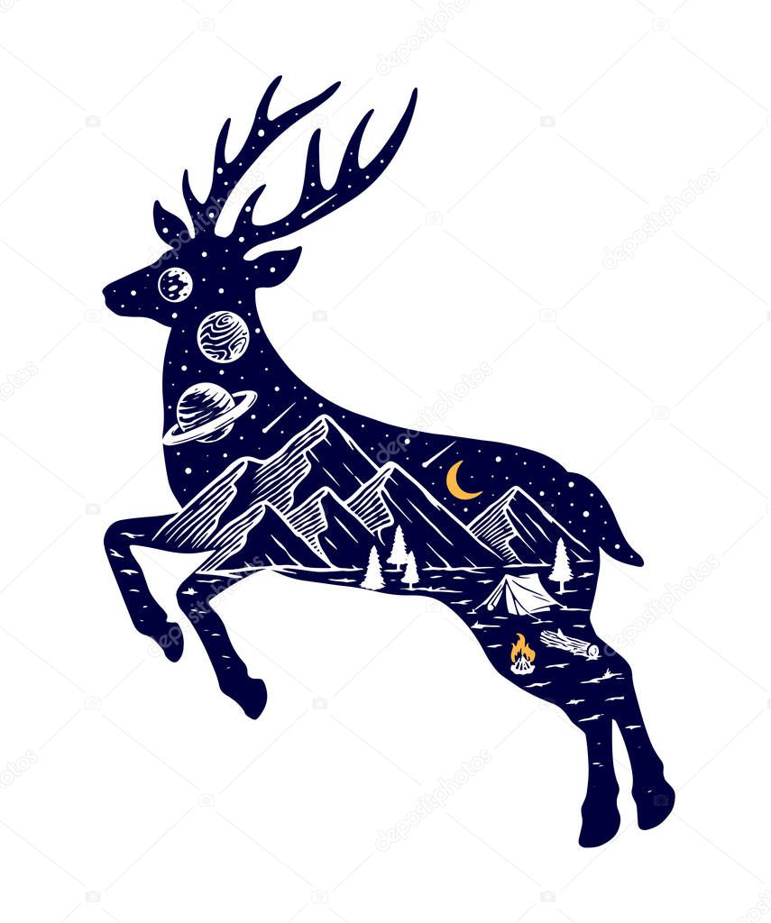 Silhouette of deer and nature vector illustration