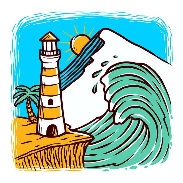 Lighthouse Waves Vector Illustration — Stock Vector