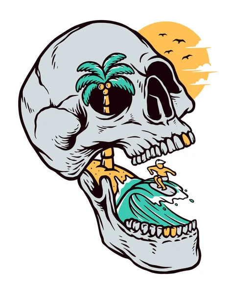 Skull Beach Illustration Handgezeichnet — Stockvektor