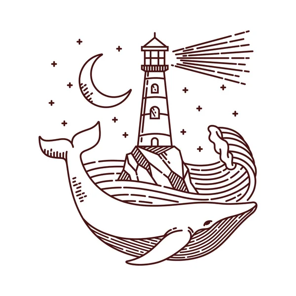 Whale and lighthouse line illustration
