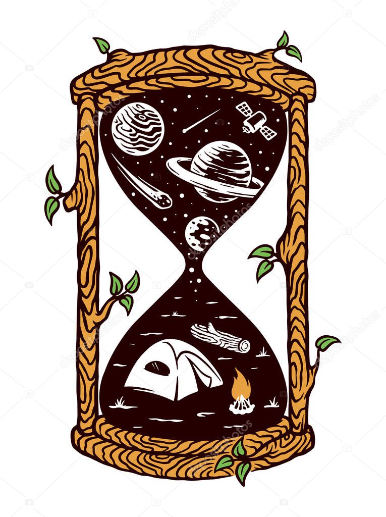 hourglass camping in the universe vector illustration