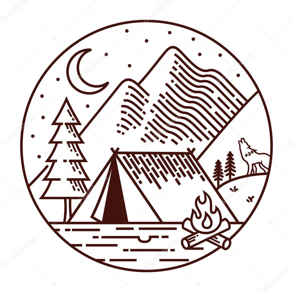 Camping at night line illustration vector illustration