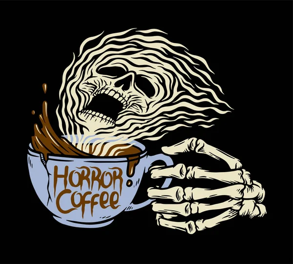 Imagen Vectorial Con Esqueleto Sosteniendo Una Taza Café Horror — Vector de stock