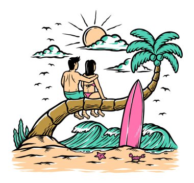 Eğimli avuç içinde oturan ve dalgalara bakan bir çiftin vektör görüntüsü