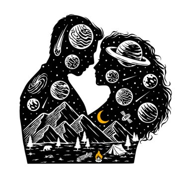 Romantik çiftlerin siluetleri ve içinde dağlar ve uzay olan bir manzara. Evrendeki romantik kavram.
