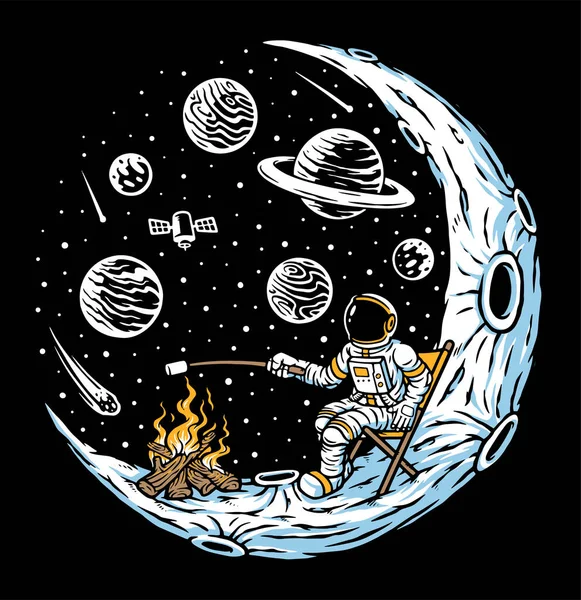 ベクトル画像で宇宙飛行士調理マシュマロとともに月のたき火 — ストックベクタ