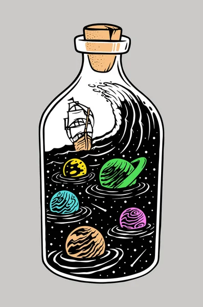 ボトルの中の宇宙船のセーリングの海とベクトル画像 — ストックベクタ