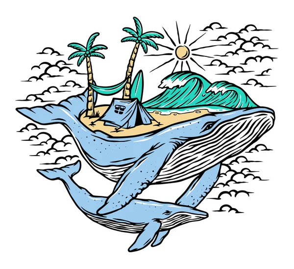Vektorbild Mit Einer Wal Haltenden Insel Auf Dem Rücken Und — Stockvektor