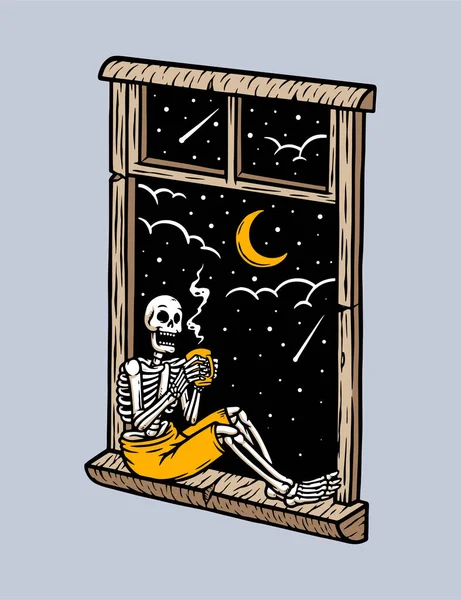 夜に窓に座ってコーヒーを飲む頭蓋骨とベクトル画像 — ストックベクタ