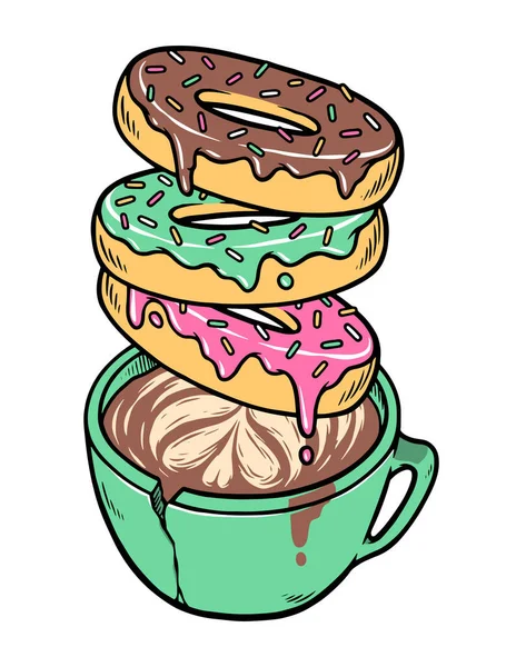 Vektorbild Mit Bunten Donuts Die Eine Kaputte Kaffeetasse Fallen — Stockvektor