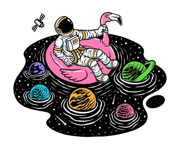 Image Vectorielle Avec Astronaute Refroidissant Dans Espace Liquide Sur Flamant — Image vectorielle