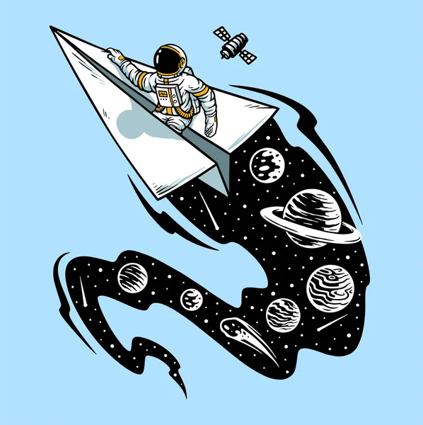 宇宙と惑星の黒い軌跡を持つ紙飛行機に飛んでいる宇宙飛行士とベクトル画像 — ストックベクタ