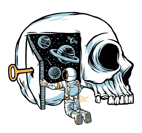Imagem Vetorial Com Astronauta Abrindo Uma Porta Crânio Universo Nela — Vetor de Stock