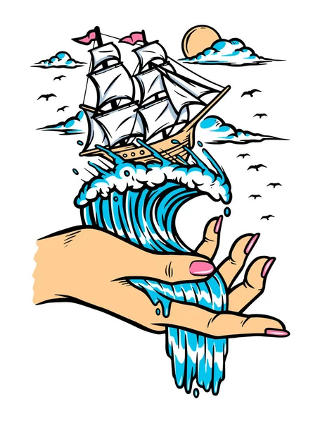 矢量图像 在女性手中的波浪上有一艘船 冒险的概念 — 图库矢量图片