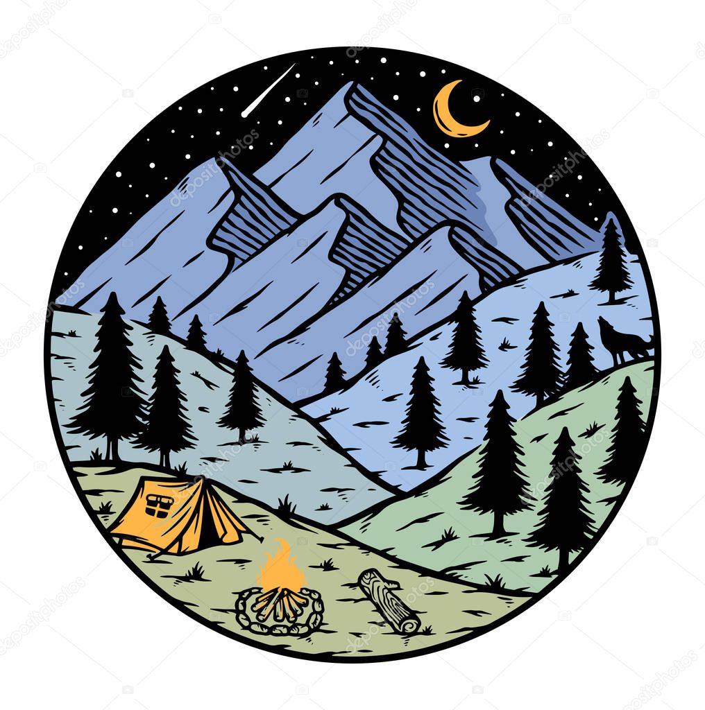 Vector image with a camping in the mountains at night