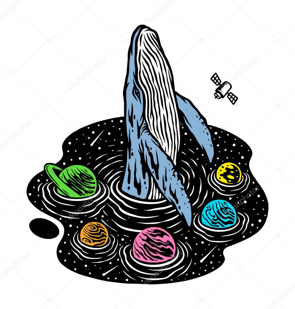 Vector image with a whale swimming out of space sea with planets