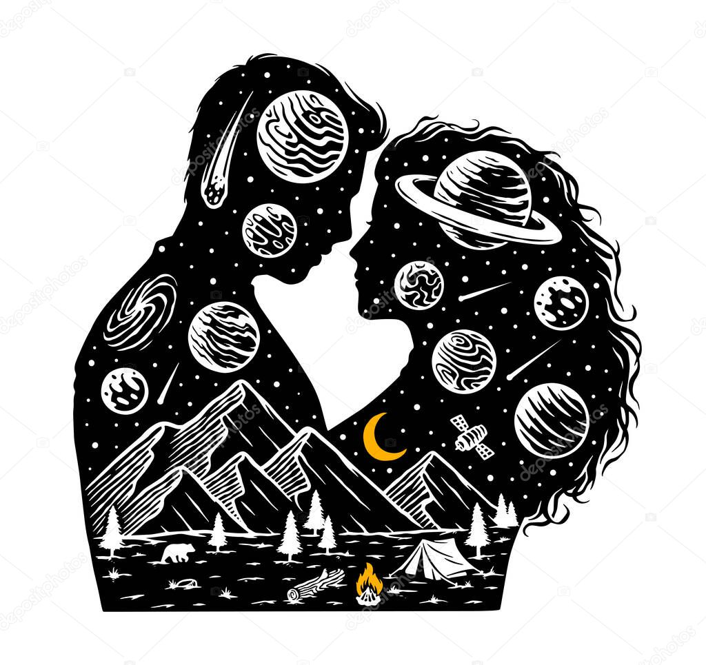 Vector image with a silhouettes of romantic couple and landscape with mountains and space in it.  Romantic in the universe concept