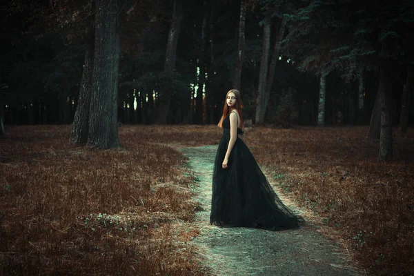 年轻女孩在黑暗的森林里摆出穿黑色衣服的姿势 — 图库照片