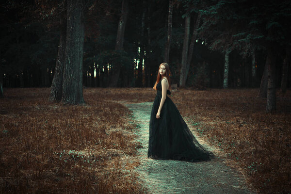 Young girl is posing wearing black dress in a dark forest