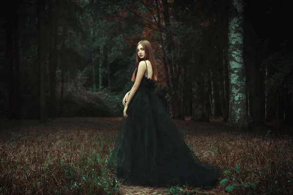 Jeune Fille Pose Robe Noire Dans Une Forêt Sombre — Photo