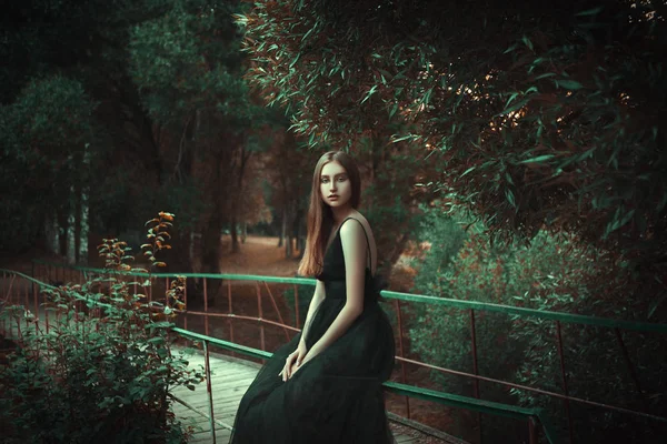 Νεαρή Κοπέλα Ποζάρει Φορώντας Μαύρο Φόρεμα Ένα Σκοτεινό Δάσος — Φωτογραφία Αρχείου