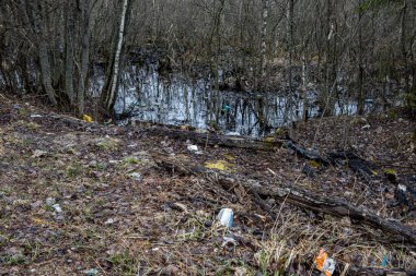 Ormanda yatan çöpler. Doğanın ve çevrenin kirliliği