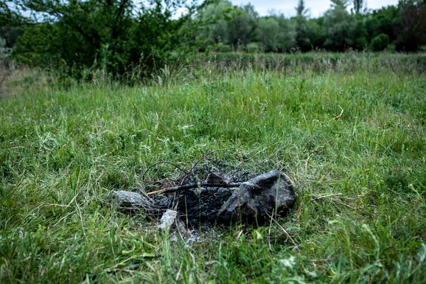 Die Asche eines Feuers im Gras. Frühjahrspause mit Schaschlik in der Natur. Umweltschutz — Stockfoto