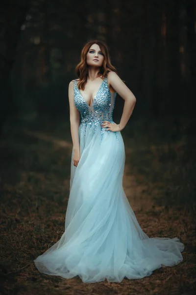 Belle fille posant en robe bleue douce dans la forêt — Photo