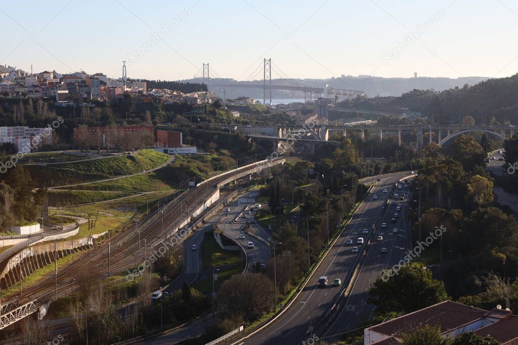beautiful views of the interchange and the bridge over the Tagus river