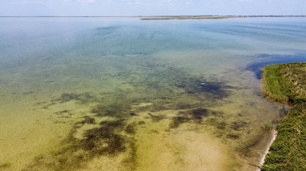 Lago transparente poco profundo con pequeñas olas. Vista desde arriba — Foto de Stock