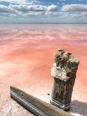 Üzerinde bulutlar yansıyan güzel pembe bir tuz gölü. Muhteşem bir manzara.