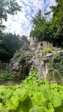 İsviçre Alplerinde terk edilmiş antik taş kule, yeşil bitkiler ve yosunlarla kaplanmış, kayalık bir dağ uçurumunda duruyor..