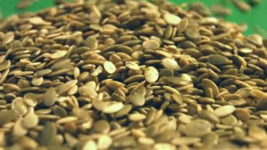 Yeşil bir arka plan üzerinde Kabak Çekirdeği kabuklu. 2 tekila. Yakın çekim. Yatay pan. 1. kabak haddeleme aşağı yeşil bir arka plan üzerinde tohum ve uzay frame.2 doldurur. Yatay (sağdan sola) yavaş pan. 