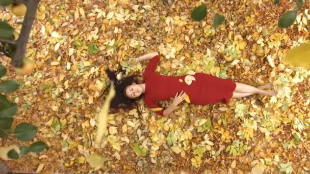 黄色叶子中的女孩 慢动作 顶部视图 一个年轻漂亮的女孩躺在树叶上 她往上看 树叶从上面落下 相机从左向右移动到右边的女孩 — 图库视频影像