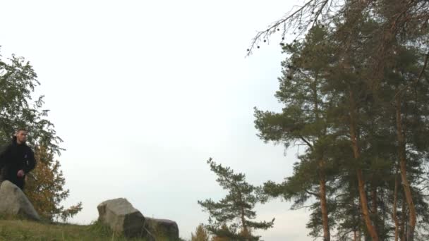 Parkour Park Slow Motion Guy Pushes Stone Performs Sideflip — Stock Video