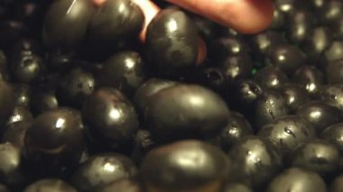 Siyah zeytin. 2 tekila. Ağır çekim. Yakın-up.1. avucunun üzerinden dökülür zeytin. Yatay pan. 2. (sağdan sola) yatay pan. 