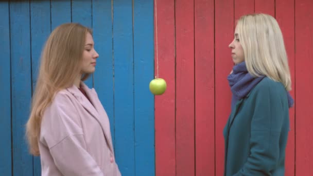 Mädchen Auf Bunten Hölzernen Öko Hintergrund Friendship Mädchen Stehen Auf — Stockvideo