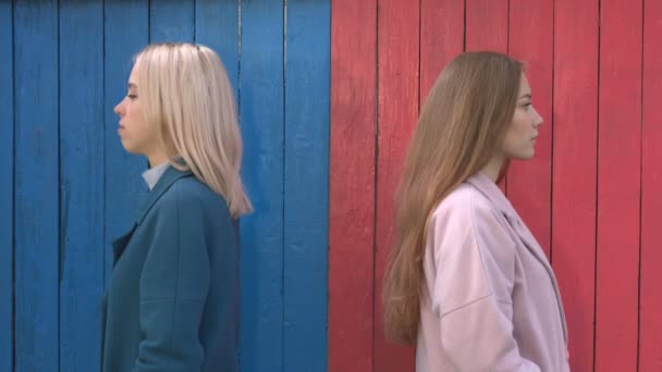 Kızlar Renkli Eko Ahşap Arka Plan Üzerinde Soldaki Kız Mavi — Stok video