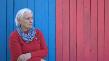 Emekli Eko ahşap arka plan üzerinde. Dikkatle pembe giymiş emekli tarafına benziyor. Gözleri bir şey çok dikkatle inceliyorlar. Benzersiz Eko ahşap arka plan iki renk (pembe ve mavi).