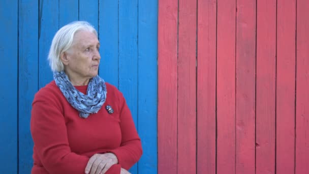 Pensionista Eco Fundo Madeira Mulher Aposentada Rosa Fundo Azul Infelizmente — Vídeo de Stock